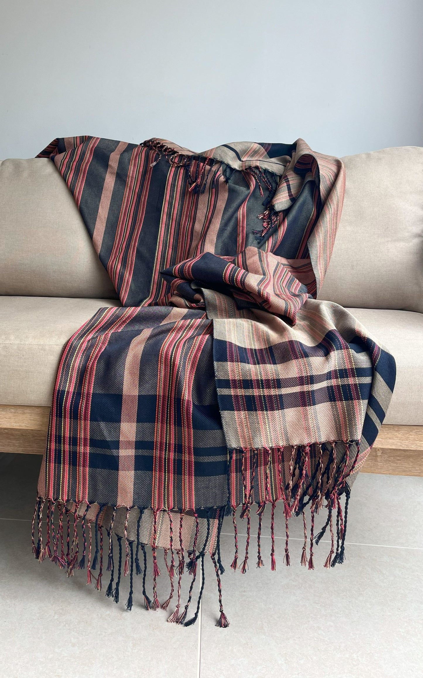 Cotton throw - MUSHROOM WITH NAVY & LEAF STRIPES image 1